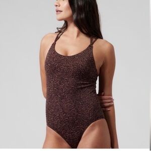 Athleta Animal Print Chocolate Brown One Piece Keyhole Swimsuit Floral Large